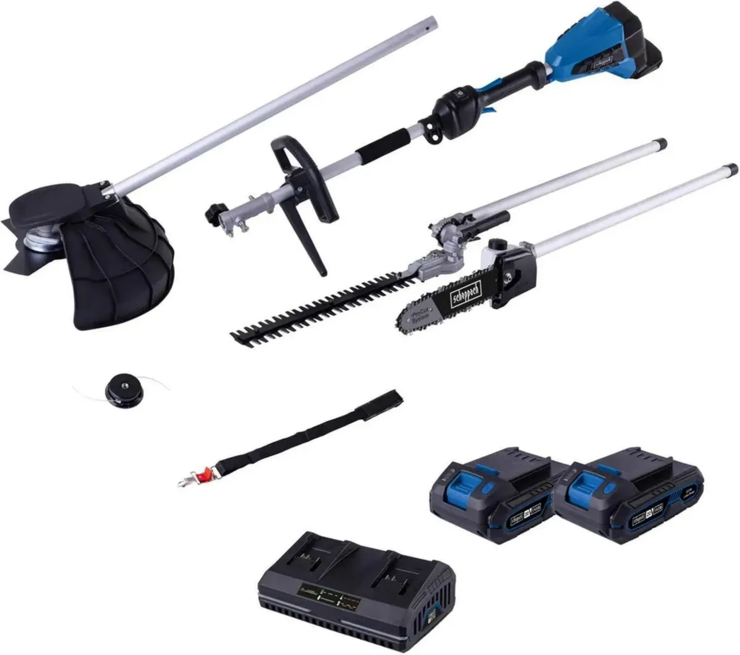 Scheppach 4in1 Akku-Gartengerät BC-MFH400-X: Rasentrimmer, Motorsense, Heckenschere, Hochentaster – 20V IXES, Bürstenlos, 10 Jahre Garantie, inkl. 2x 2Ah Akku & Ladegerät
