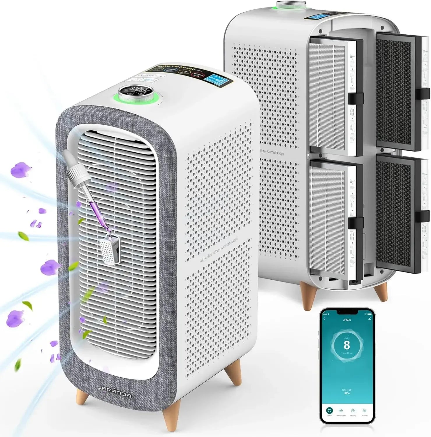Jafända Luftreiniger mit HEPA-Filter, Aromatherapie & WLAN, CADR 460m³/h, für Allergiker & große Räume bis 240m², leiser Nachtmodus, Effektiv gegen Pollen & Tierhaare (Grau)