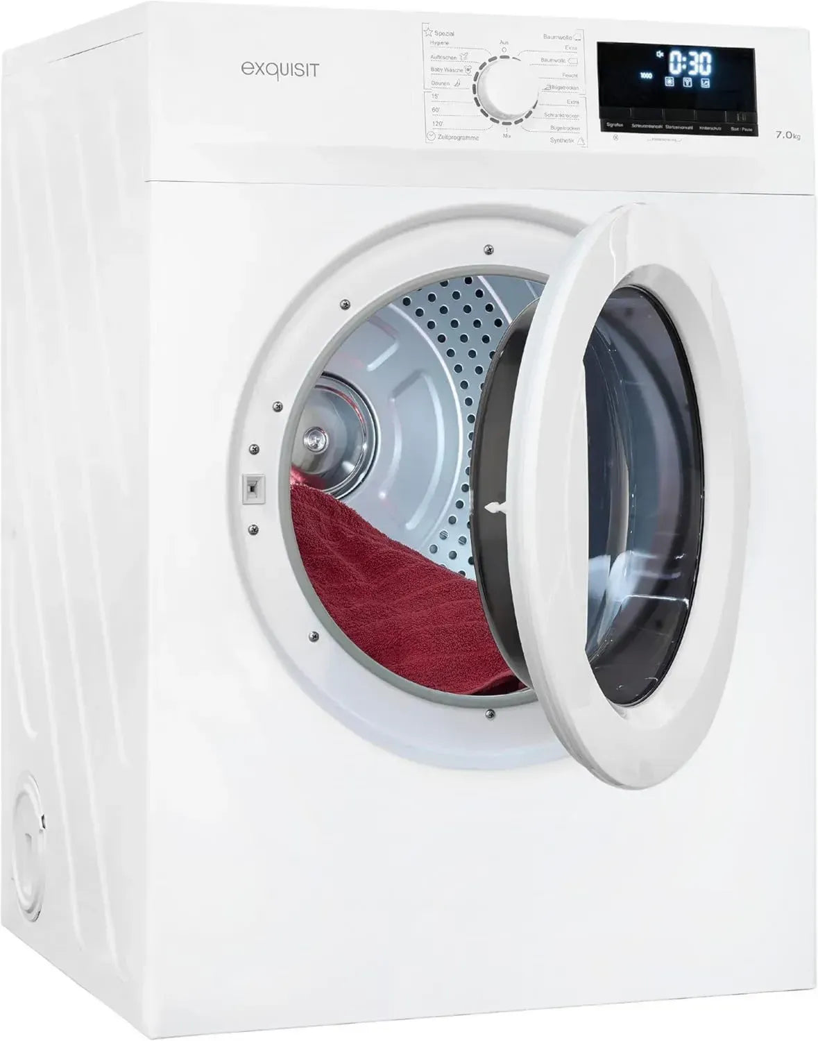 Exquisit Abluft-Wäschetrockner 7kg mit Startzeitvorwahl, Knitterschutz, 15 Programmen, Kindersicherung, Energieklasse G, Modell TAE70-70, weiß