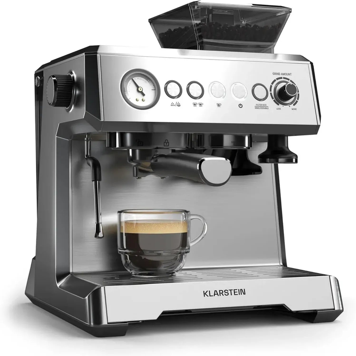Klarstein Espressomaschine mit Mahlwerk, 20 Bar, 1350W, Dampfdüse, 2,3L Wassertank